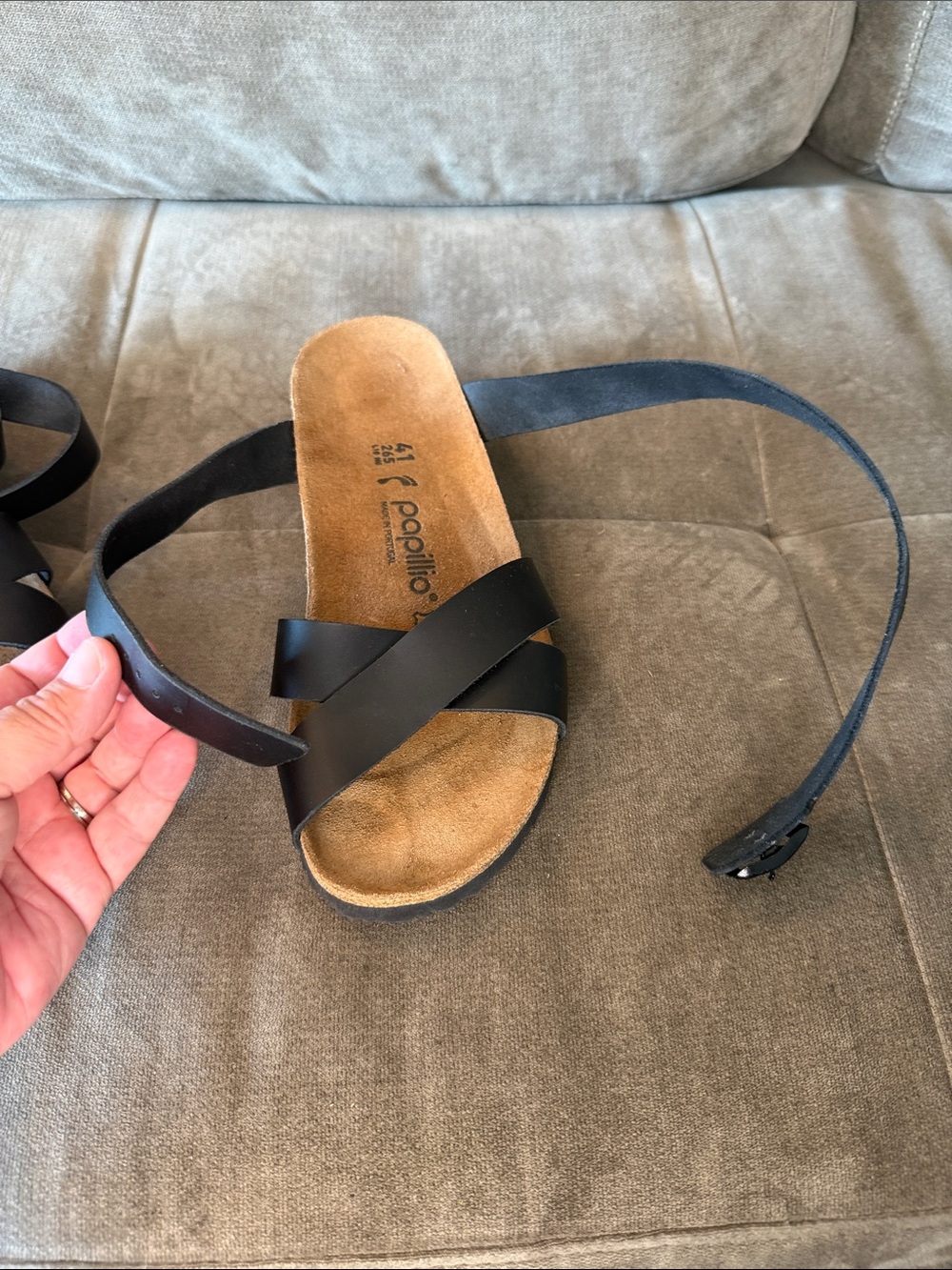 Birkenstock Black Leather Strappy Cork Wedge Sandals - Picture 8 of 9